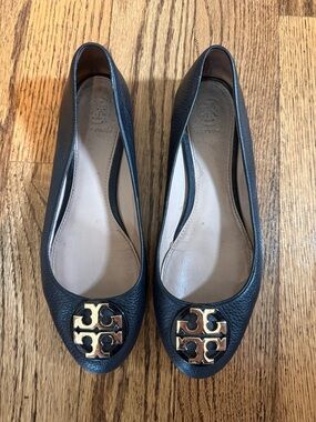 Tory Burch Black Leather Logo Ballet Flats with Gold Emblem